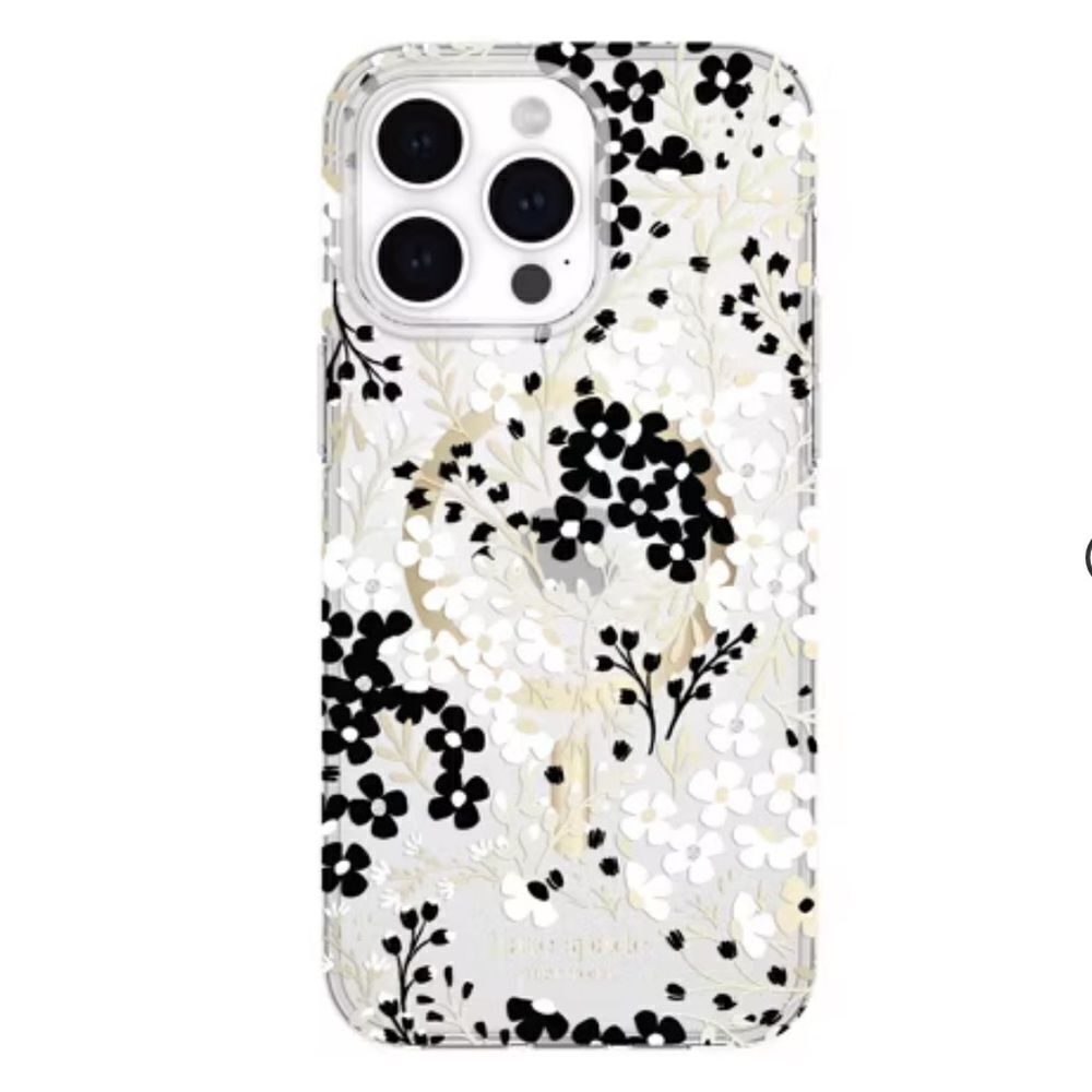 Kate Spade iPhone 15 Plus Protective Case MagSafe Black & White Floral Gems